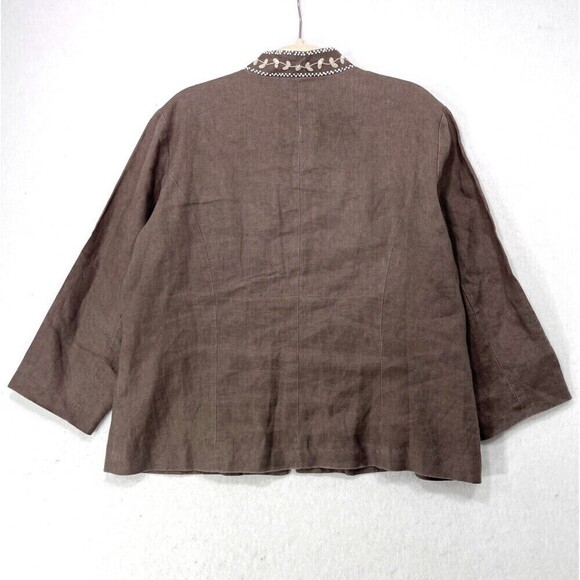 Chico's Jacket Women Large Brown 100% Linen Embroidered Floral Beaded Boxy Fit - Picture 2 of 11